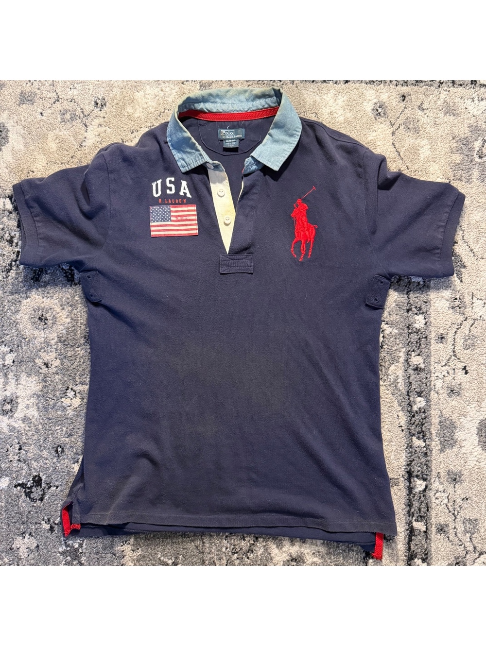 Polo Ralph Lauren Men's Navy Blue USA Flag Embroidered Polo,